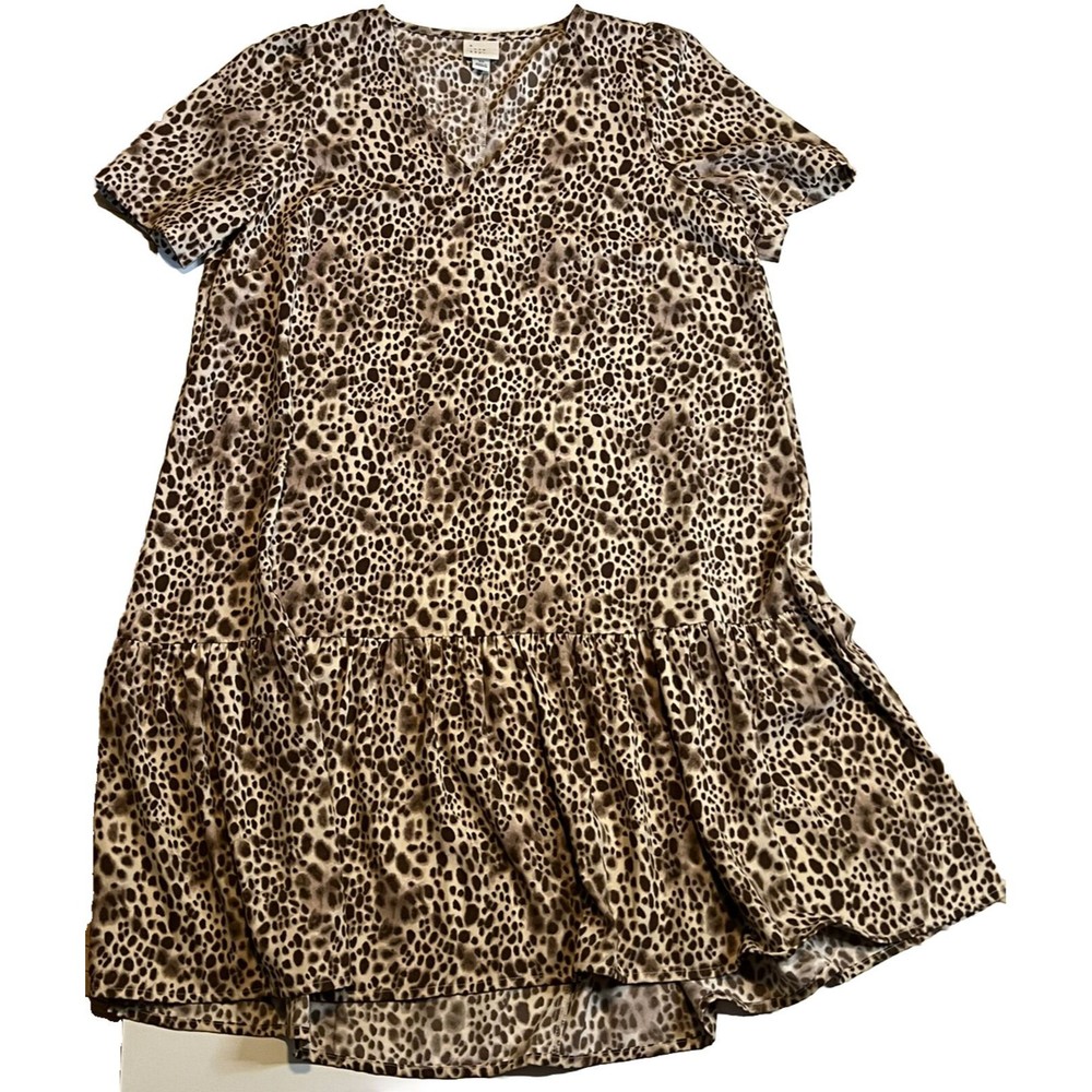 A NEW DAY WOMENS DRESS SZ XS LEOPARD ANIMAL PRINT BROWN SHORT SLEEVE‎ Ruffle HEM